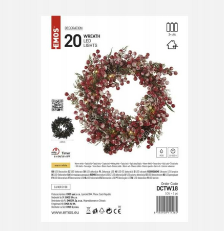 Wianek świąteczny 20LED EMOS 38cm ciepły biały 3xAA timer