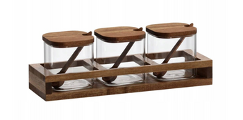 Komplet przyprawników 3 słoiki x400ml z drewnianą podstawką i łyżeczką