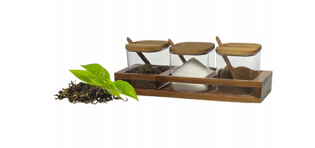 Komplet przyprawników 3 słoiki x400ml z drewnianą podstawką i łyżeczką