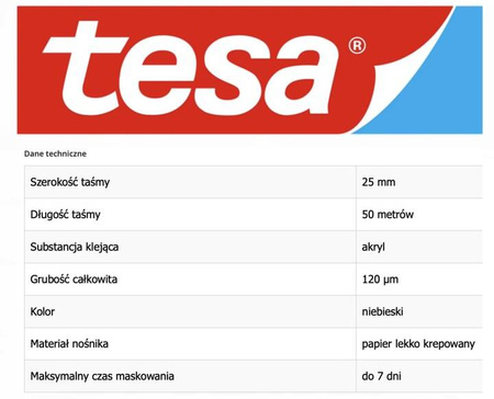 Taśma malarska UV zewnętrzna TESA 50mx25mm niebieska