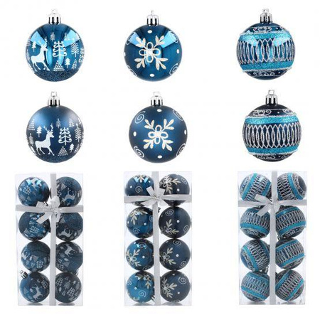 Bombki choinkowe komplet 8 szt bombek plastikowych 6cm niebieskie 3 motywy
