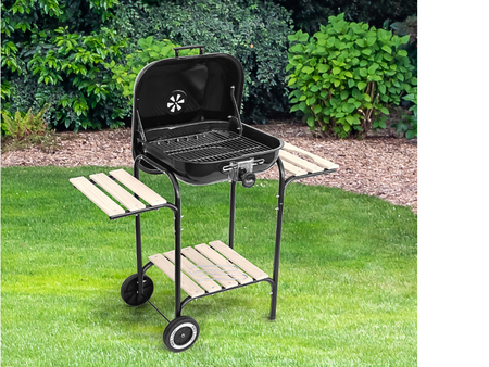 Grill węglowy ze stalową pokrywą i drewnianymi półkami MIRPOL 40x40cm