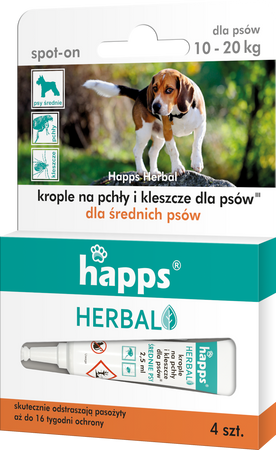 Krople na pchły i kleszcze dla średnich psów 10-20kg HAPPS HERBAL 4x2,5ml
