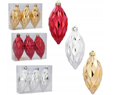 Bombki choinkowe komplet 3szt plastikowe 10cm podłużne