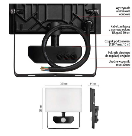 Naświetlacz LED TAMBO z czujnikiem PIR, 30 W, 3000 lm, czarny