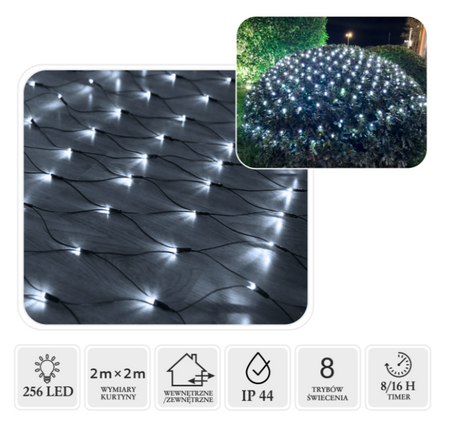 Kurtyna siatka 256 LED zimny biały 2x2m