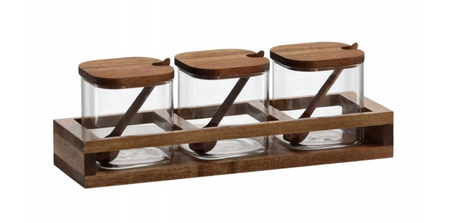 Komplet przyprawników 3 słoiki x400ml z drewnianą podstawką i łyżeczką