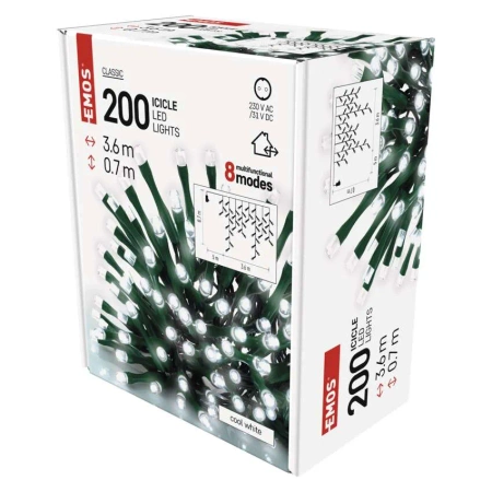 Oświetlenie świąteczne sople EMOS 200 LED 3,6m 8 programów IP44 biały zimny