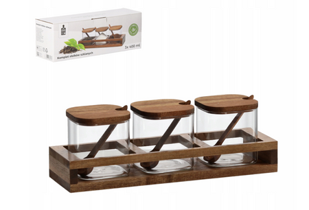 Komplet przyprawników 3 słoiki x400ml z drewnianą podstawką i łyżeczką