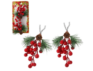 Gałązka ozdobna Bożonarodzeniowa 2szt 11x15cm jarzębina i szyszka