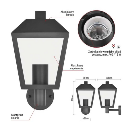 Lampa naścienna Garden ADENIA 28cm, na żarówkę E27 max 15W, IP44