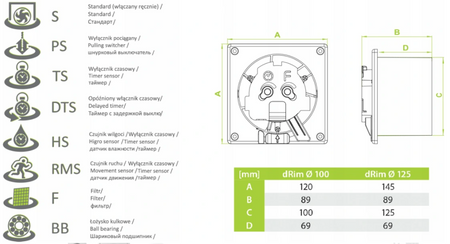 Wentylator łazienkowy airRoxy dRim Ø100 RMS BB 01-065 Czujnik ruchu + Wyłącznik czasowy