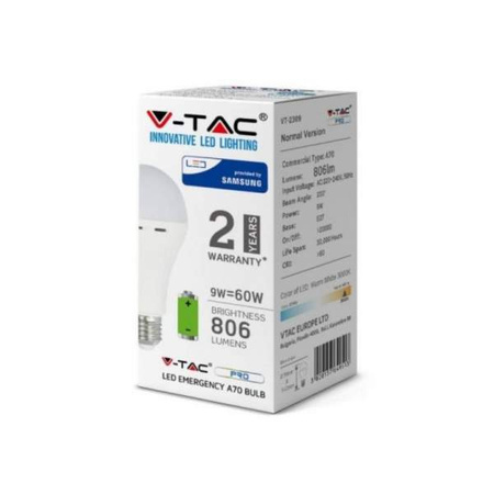 V-TAC Żarówka Awaryjna LED SAMSUNG CHIP 3h 9W E27 VT-2309 4000K 806lm