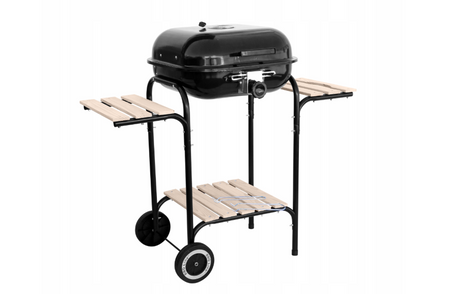 Grill węglowy ze stalową pokrywą i drewnianymi półkami MIRPOL 40x40cm 