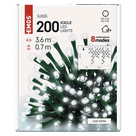 Oświetlenie świąteczne sople EMOS 200 LED 3,6m 8 programów IP44 biały zimny