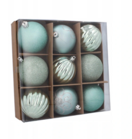 Bombki choinkowe komplet 9 szt. plastikowe 8cm mięta lub róż