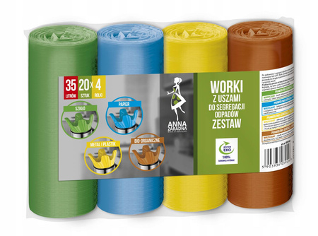 Worki na śmieci z uszami do segregacji odpadów ANNA ZARADNA ZESTAW 35L 4x20szt