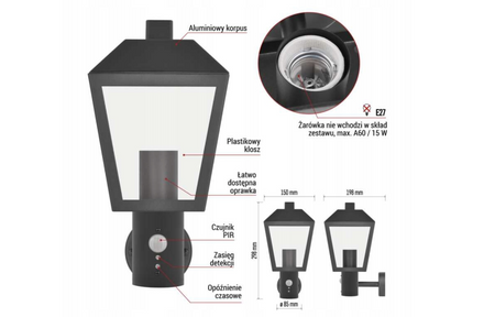 Oprawa naścienna GARDEN ADENIA 30cm, na żarówkę E27 max 15W, IP44,