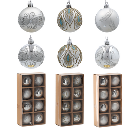 Bombki choinkowe komplet 8szt 6cm różne wzory srebrne