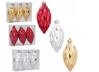 Bombki choinkowe komplet 3szt plastikowe 10cm podłużne