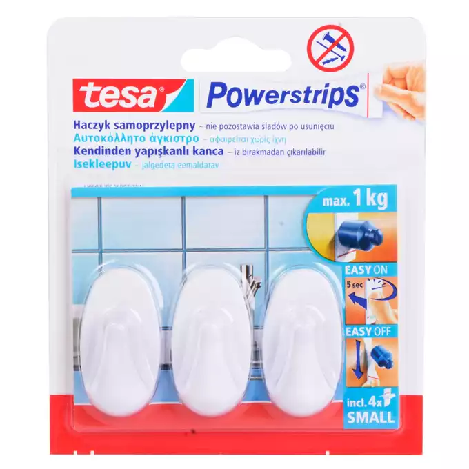 Haczyk samoprzylepny owalny mały TESA Powerstrips 3szt x 1kg biały